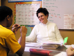 Five teachers—Providence Sister Maureen Fallon, Mary Pat O’Connor, Patrice Payne, Amy Weigel and Laura Williams—from across the archdiocese were recently recognized as winners of the Saint Theodora Excellence in Education Award. Patrice Payne, above, a resource teacher at St. Thomas Aquinas School in Indianapolis, says she strives for those moments with students that lead to “the spark that leaps in their eyes.” (Photo by John Shaughnessy)