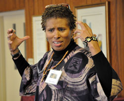 Dr. C. Vanessa White speaks to 70 African-American Catholic women during an Advent day of reflection on Dec. 15 at Our Lady of Fatima Retreat House in Indianapolis. (Photo by Mary Ann Garber)