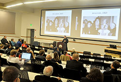 Orthodox Archdeacon John Chryssavgis gives an address on Oct. 20 at Marian University in Indianapolis. He spoke about the 50 years of efforts to promote greater unity between the Catholic and Orthodox Churches. Approximately 200 people attended. (Photo by Sean Gallagher)