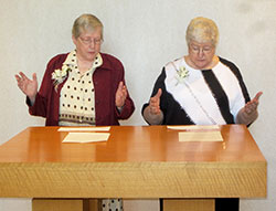 Benedictine Sisters Mary Gilbert Schipp, left, and Rachel Best renew their vows of profession during a ceremony celebrating their 60th jubilee in this May 18 photo. (Submitted photo)