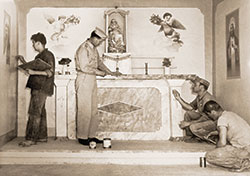 The staff of the Indiana Historical Society in Indianapolis used this photo from August 1943 to re-create the interior of the Catholic chapel built by Italian prisoners of war at Camp Atterbury in Edinburgh during World War II. (Photo courtesy of Camp Atterbury)