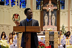 Corrion Davis, 16, a Wirt/Emerson Visual and Performing Arts High Ability Academy sophomore from Gary recites the "I Have a Dream" speech at the 9th annual Tribute to the Reverend Dr. Martin Luther King, Jr. at Holy Angels Cathedral in Gary on Jan. 10. King famously delivered the anti-racism speech at the Lincoln Memorial in August, 1963. (Anthony D. Alonzo photo)